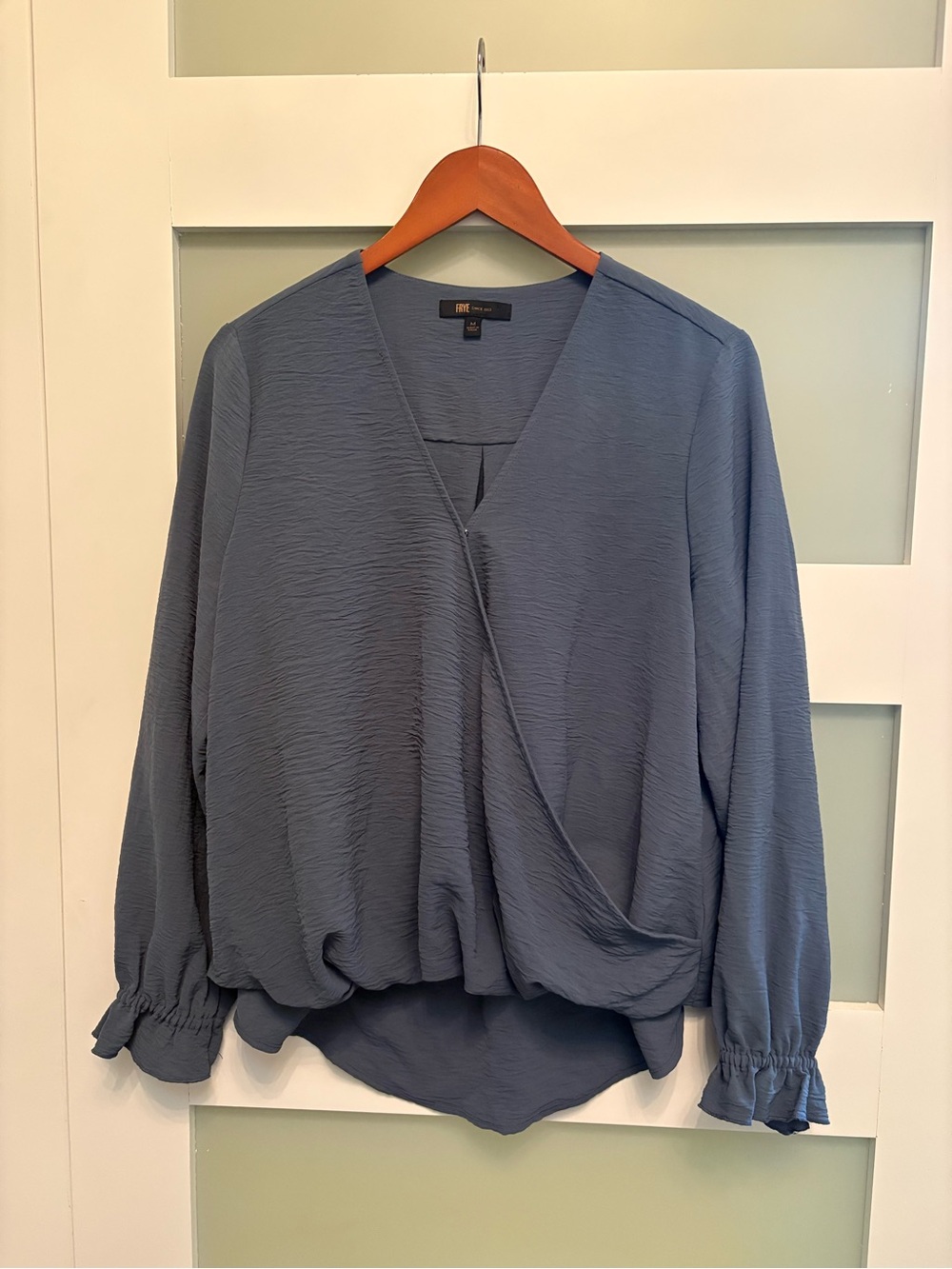 FRYE draped blouse with a v-neckline size Medium in Grey